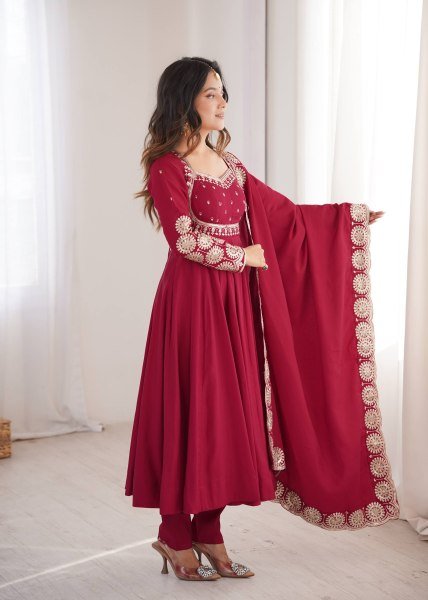Adaptable Maroon Ready to Wear Roman Silk Gown with Pant and Dupatta at Factory Price Ready To Wear Collection