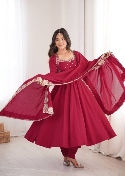 Adaptable Maroon Ready to Wear Roman Silk Gown with Pant and Dupatta at Factory Price Ready To Wear Collection