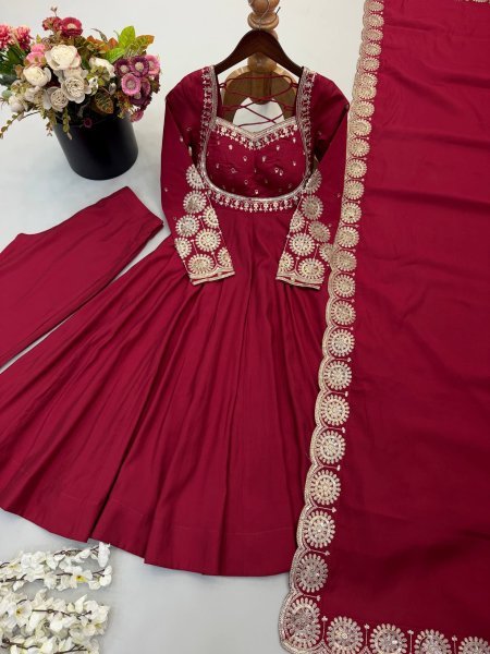 Adaptable Maroon Ready to Wear Roman Silk Gown with Pant and Dupatta at Factory Price Ready To Wear Collection