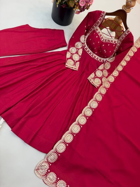 Adaptable Maroon Ready to Wear Roman Silk Gown with Pant and Dupatta at Factory Price Ready To Wear Collection