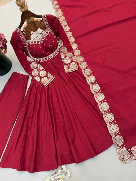 Adaptable Maroon Ready to Wear Roman Silk Gown with Pant and Dupatta at Factory Price Ready To Wear Collection