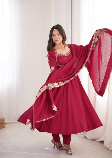 Adaptable Maroon Ready to Wear Roman Silk Gown with Pant and Dupatta at Factory Price Ready To Wear Collection