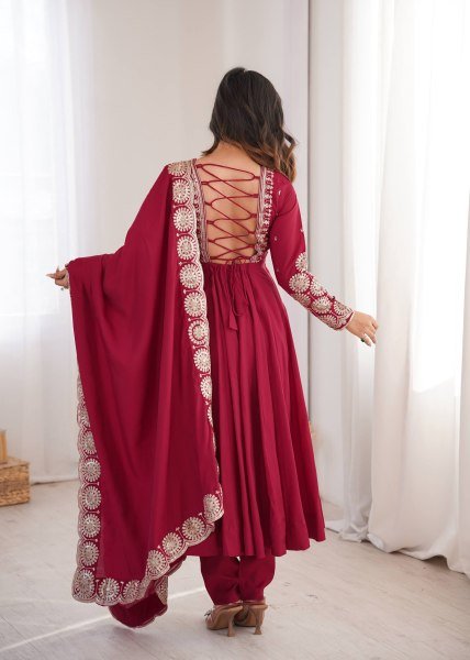 Adaptable Maroon Ready to Wear Roman Silk Gown with Pant and Dupatta at Factory Price Ready To Wear Collection