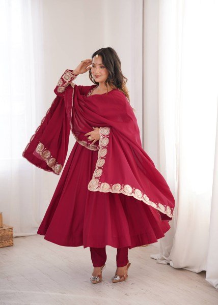 Adaptable Maroon Ready to Wear Roman Silk Gown with Pant and Dupatta at Factory Price Ready To Wear Collection