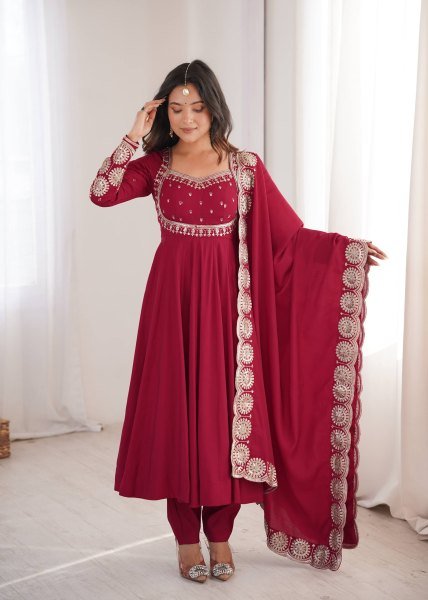 Adaptable Maroon Ready to Wear Roman Silk Gown with Pant and Dupatta at Factory Price Ready To Wear Collection