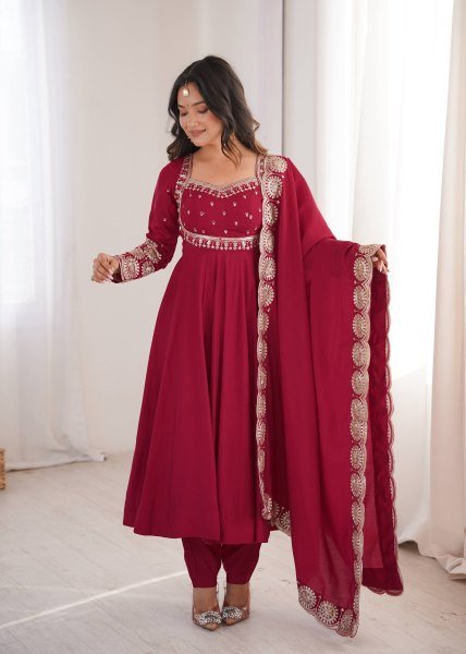 Adaptable Maroon Ready to Wear Roman Silk Gown with Pant and Dupatta at Factory Price Ready To Wear Collection