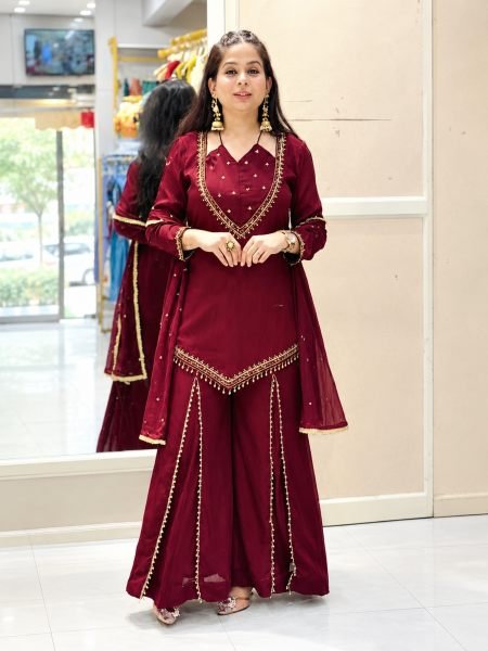 Adaptable Maroon Roman Glass Top Plazzo Dupatta Set with Real Mirror Work Ready To Wear Suit