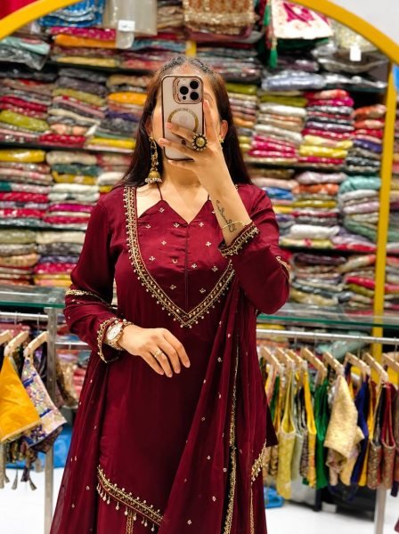 Adaptable Maroon Roman Glass Top Plazzo Dupatta Set with Real Mirror Work Ready To Wear Collection