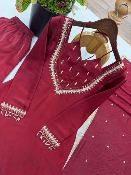 Adaptable Maroon Roman Glass Top Plazzo Dupatta Set with Real Mirror Work Ready To Wear Collection