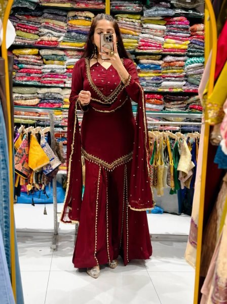 Adaptable Maroon Roman Glass Top Plazzo Dupatta Set with Real Mirror Work Ready To Wear Collection