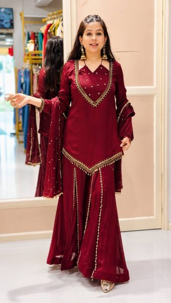 Adaptable Maroon Roman Glass Top Plazzo Dupatta Set with Real Mirror Work Ready To Wear Collection