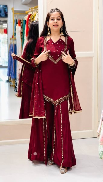 Adaptable Maroon Roman Glass Top Plazzo Dupatta Set with Real Mirror Work Ready To Wear Collection