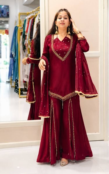 Adaptable Maroon Roman Glass Top Plazzo Dupatta Set with Real Mirror Work Ready To Wear Collection
