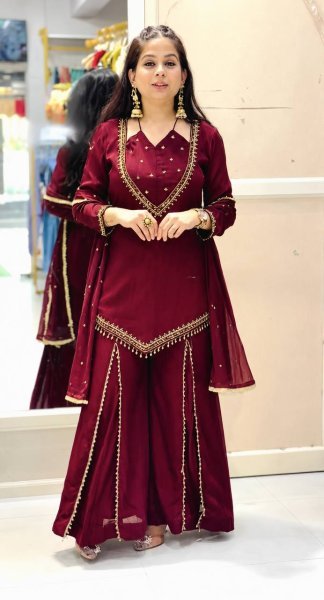 Adaptable Maroon Roman Glass Top Plazzo Dupatta Set with Real Mirror Work Ready To Wear Collection