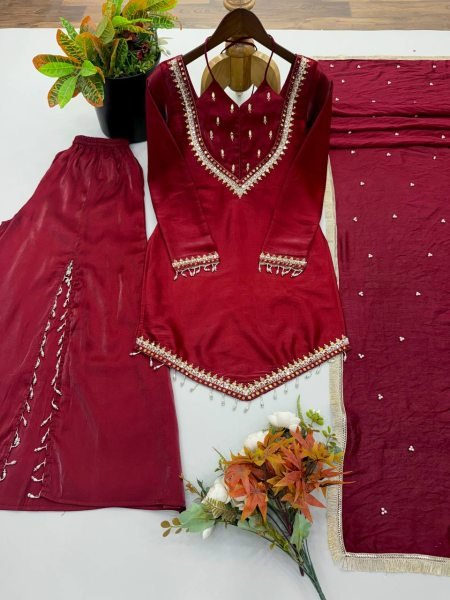 Adaptable Maroon Roman Glass Top Plazzo Dupatta Set with Real Mirror Work Ready To Wear Collection