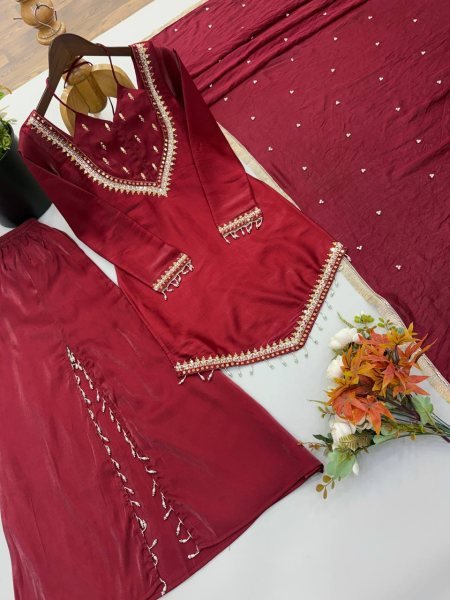 Adaptable Maroon Roman Glass Top Plazzo Dupatta Set with Real Mirror Work Ready To Wear Collection