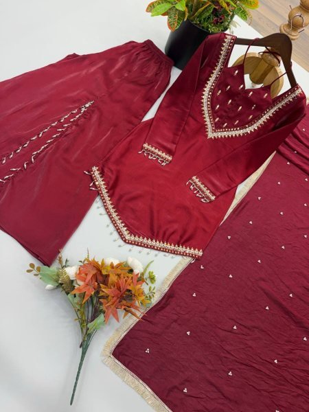 Adaptable Maroon Roman Glass Top Plazzo Dupatta Set with Real Mirror Work Ready To Wear Collection