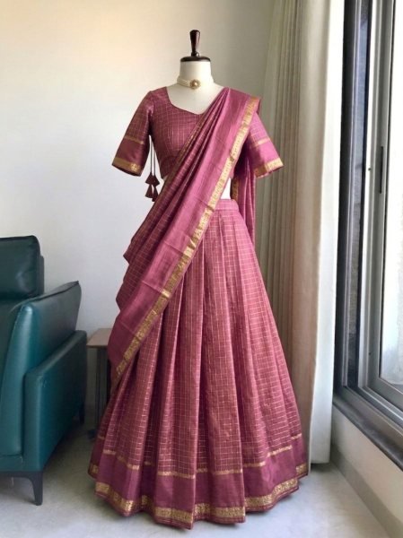 Adaptable Pearl Pink Stylish Designer Lehenga with Hand Dyed Pattern for Festive Season Half Saree Lehenga