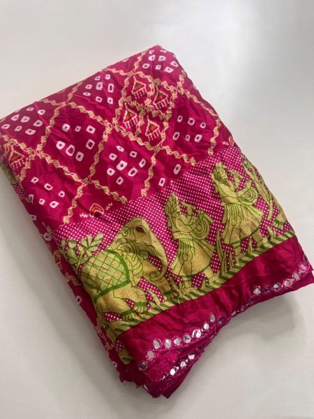 Adaptable Pink Bandhani Moss Chiffon Saree with Matching Running Blouse Pure Chiffon Sarees Wholesale