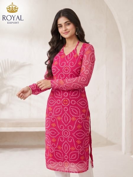 Adaptable Pink Designer Georgette Bandhani Kurti with Long Chudidar Sleeves  Straight Cut Long Kurtis