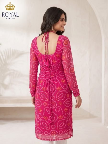 Adaptable Pink Designer Georgette Bandhani Kurti with Long Chudidar Sleeves  Straight Cut Long Kurtis