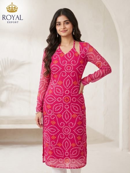 Adaptable Pink Designer Georgette Bandhani Kurti with Long Chudidar Sleeves  Straight Cut Long Kurtis
