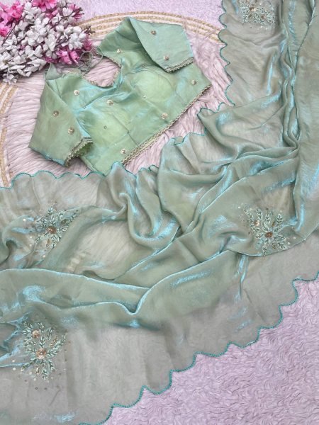 Adaptable Pista Party Wear Fandy Satin Saree with Hand Embroidery For Wedding Bollywood Fancy Sarees Wholesale