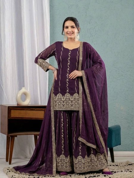 Adaptable Purple Heavy Crunchy Silk Sharara Suit Set for Women 