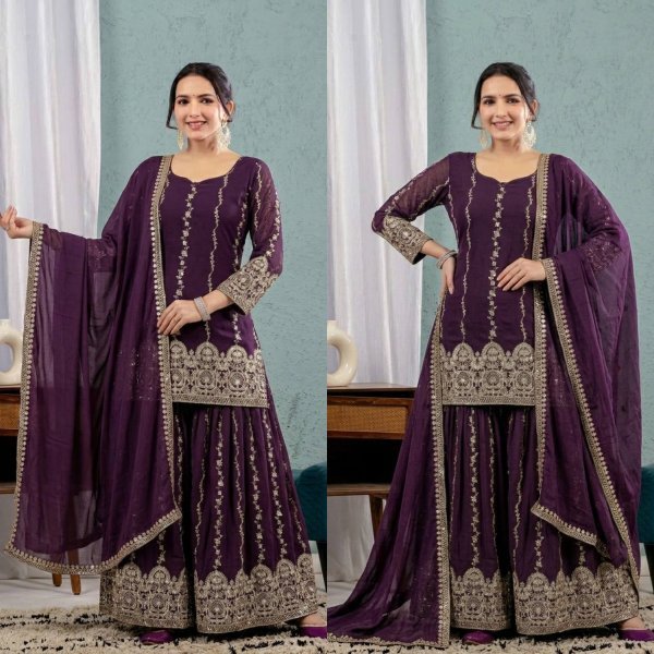 Adaptable Purple Heavy Crunchy Silk Sharara Suit Set for Women Ready To Wear Collection
