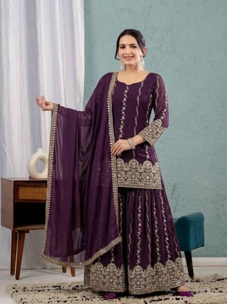 Adaptable Purple Heavy Crunchy Silk Sharara Suit Set for Women Ready To Wear Collection