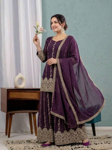 Adaptable Purple Heavy Crunchy Silk Sharara Suit Set for Women Ready To Wear Collection