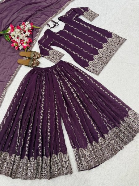 Adaptable Purple Heavy Crunchy Silk Sharara Suit Set for Women Ready To Wear Collection