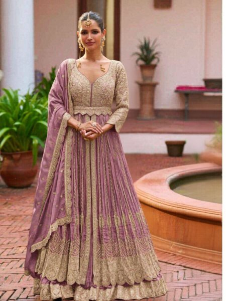 Adaptable Purple Semi Stitched Chinon Suit with Heavy Embroidery Work 