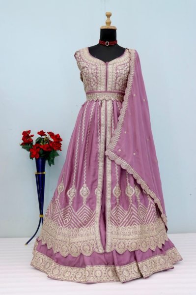 Adaptable Purple Semi Stitched Chinon Suit with Heavy Embroidery Work Anarakali Gown Wholesale