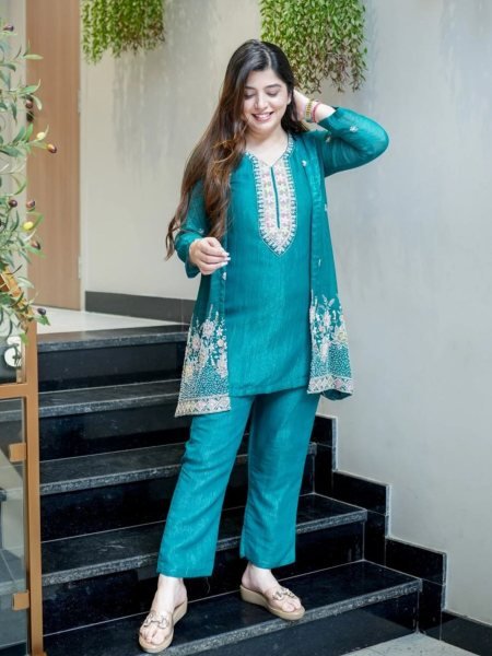 Adaptable Rama Traditional Chinnon Silk Kurti Palazzo Set for Weddings and Festivals