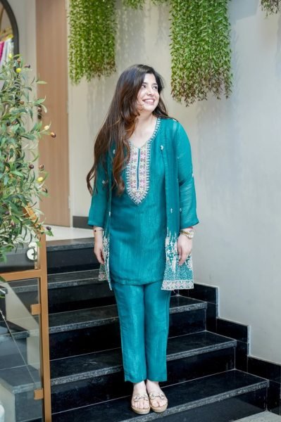 Adaptable Rama Traditional Chinnon Silk Kurti Palazzo Set for Weddings and Festivals CO ORD Sets