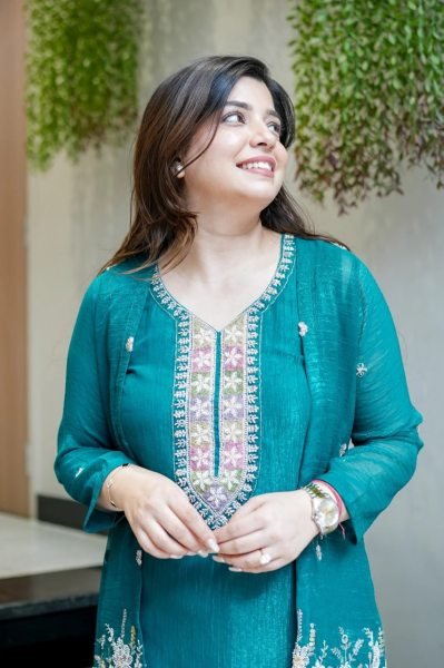 Adaptable Rama Traditional Chinnon Silk Kurti Palazzo Set for Weddings and Festivals CO ORD Sets