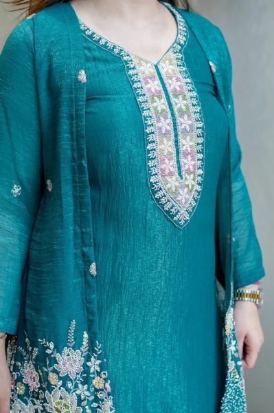 Adaptable Rama Traditional Chinnon Silk Kurti Palazzo Set for Weddings and Festivals CO ORD Sets