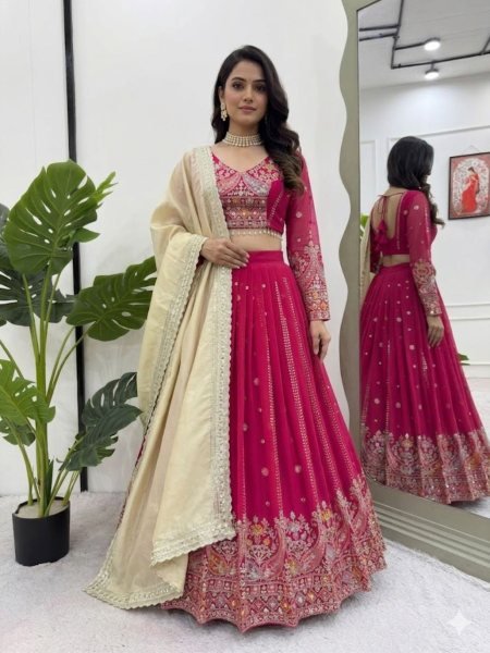 Adaptable Rani Pink Fancy Sequence Embroidery Lehenga with Canvas Patta  Lehenga