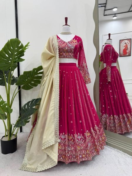 Adaptable Rani Pink Fancy Sequence Embroidery Lehenga with Canvas Patta Bridal Lehenga Choli
