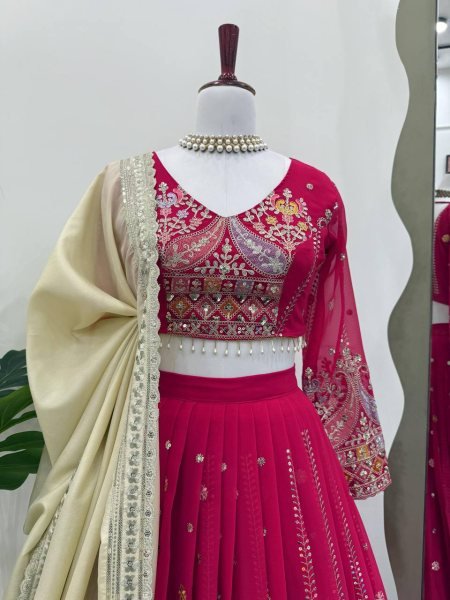 Adaptable Rani Pink Fancy Sequence Embroidery Lehenga with Canvas Patta Bridal Lehenga Choli