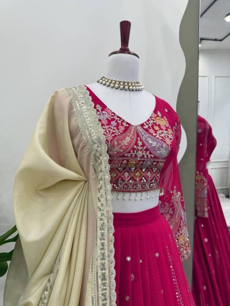 Adaptable Rani Pink Fancy Sequence Embroidery Lehenga with Canvas Patta Bridal Lehenga Choli