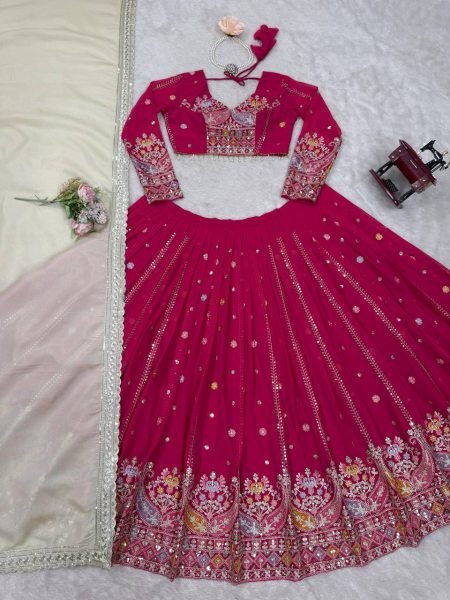 Adaptable Rani Pink Fancy Sequence Embroidery Lehenga with Canvas Patta Bridal Lehenga Choli