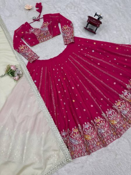 Adaptable Rani Pink Fancy Sequence Embroidery Lehenga with Canvas Patta Bridal Lehenga Choli