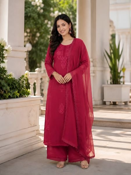 Adaptable Rani Pink Fox Blooming Georgette Palazzo Suit Set for Women at Wholesale Rate 