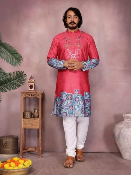 Adaptable Red Designer Men’s Khadi Cotton Kurta with Neck Embroidery and Print 