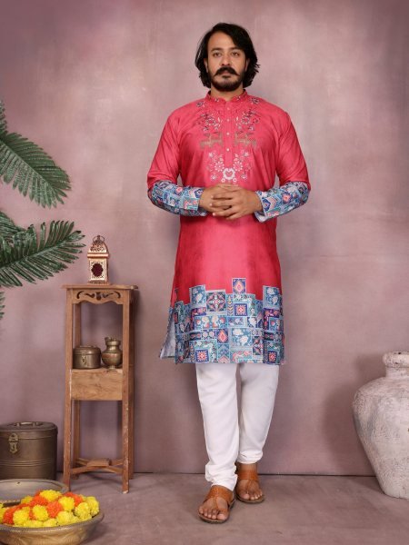 Adaptable Red Designer Men’s Khadi Cotton Kurta with Neck Embroidery and Print Kurta Pajama Wholesale
