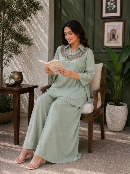 Adaptable Sage Green Three Pic Kurti Set With Beads Work At Manufacturer Direct Price Ready To Wear Collection
