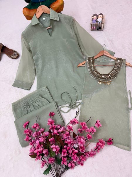 Adaptable Sage Green Three Pic Kurti Set With Beads Work At Manufacturer Direct Price Ready To Wear Collection