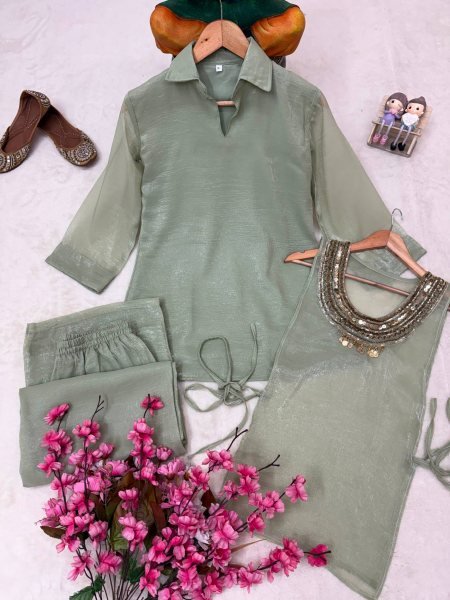 Adaptable Sage Green Three Pic Kurti Set With Beads Work At Manufacturer Direct Price Ready To Wear Collection